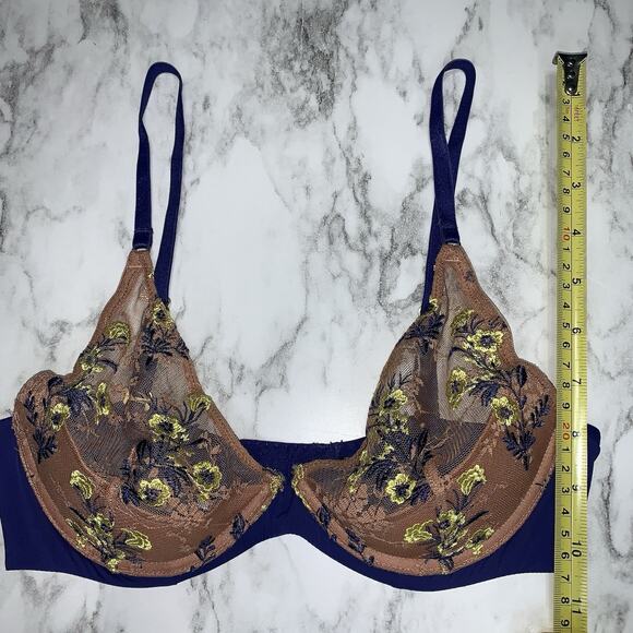 Natori Bra 32B Floral Lace See Through Padded Blue Yellow Brown Hook And Eye - Picture 2 of 7